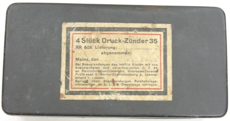 German Wehrmacht 4 Stück Druck-Zünder 35 DZ35 Fuze RR 605 1938 Metal Box, Rare, Empty.