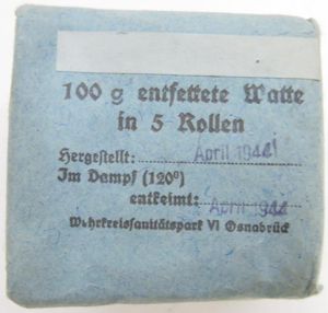 German Wehrmacht Medical 100 g entfettete Watte Wehrkreissanitätspark VI, (Münster, …