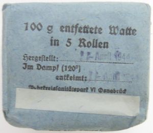 German Wehrmacht Medical 100 g entfettete Watte Wehrkreissanitätspark VI, (Münster, …