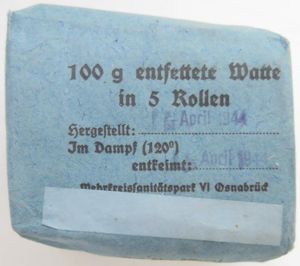 German Wehrmacht Medical 100 g entfettete Watte Wehrkreissanitätspark VI, (Münster, …