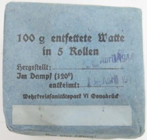 German Wehrmacht Medical 100 g entfettete Watte Wehrkreissanitätspark VI, (Münster, …