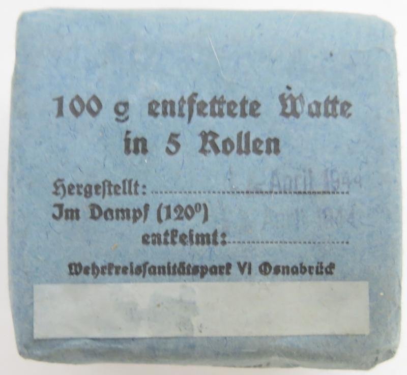 German Wehrmacht Medical 100 g entfettete Watte Wehrkreissanitätspark VI, (Münster, Osnabrück), April. 1944, Mint Unused.