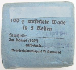 German Wehrmacht Medical 100 g entfettete Watte Wehrkreissanitätspark VI, (Münster, …