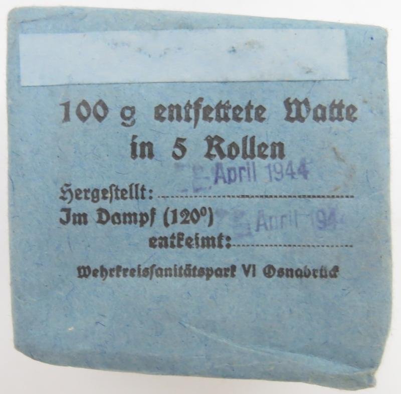 German Wehrmacht Medical 100 g entfettete Watte Wehrkreissanitätspark VI, (Münster, Osnabrück), April. 1944, Mint Unused.