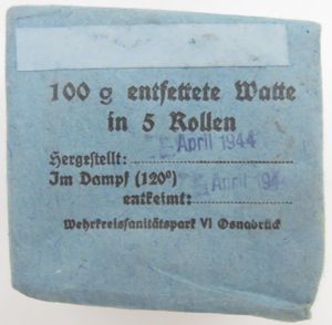 German Wehrmacht Medical 100 g entfettete Watte Wehrkreissanitätspark VI, (Münster, …