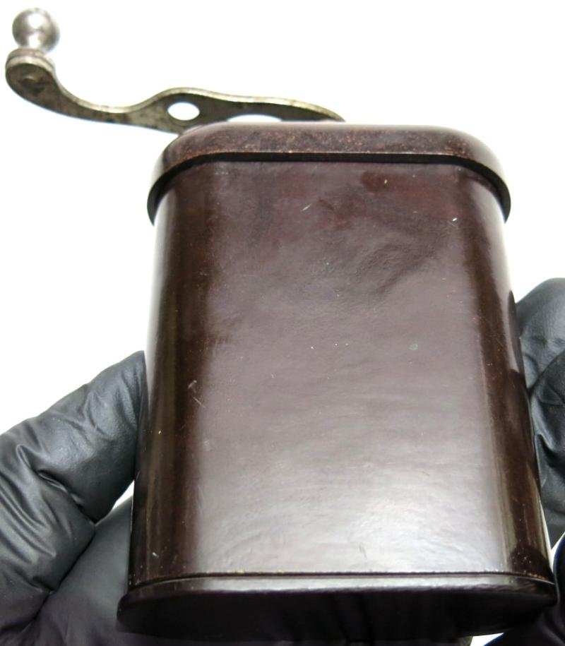 German Wehrmacht Reddish Bakelite Coffee Grinder Mint Condition Double BO Garantie Stamp, Sand Mixed Bakelite. — image 5