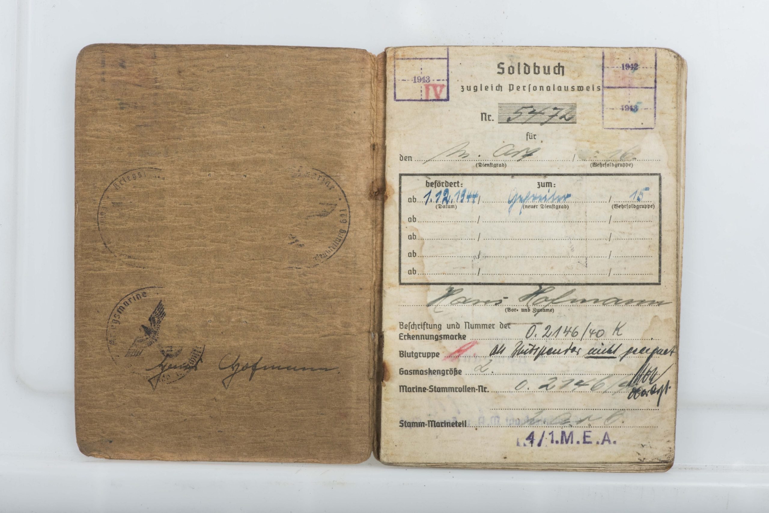 Kriegsmarine Soldbuch to Hans Hofmann, Marine Artillerie Abteilung 621, Ostsee Konstanza — image 4