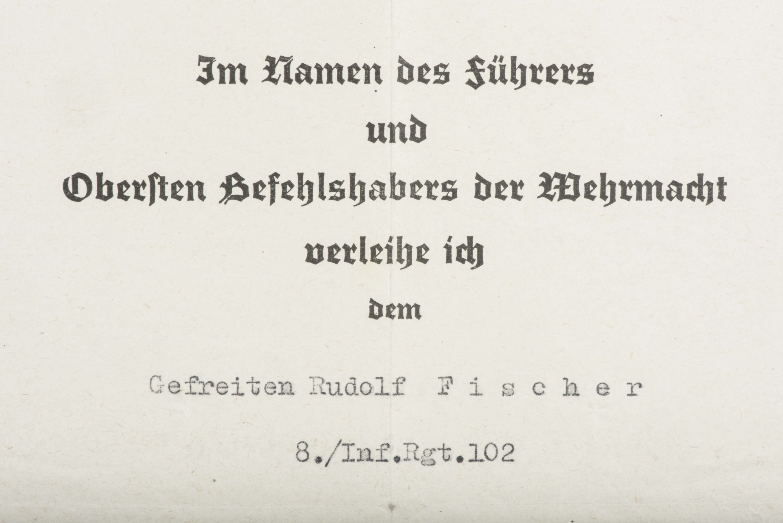 War merit cross with swords second class or KVK2 award document to Gefreiten Rudolf Fischer, 8. / Inf.Rgt. 102 — image 2
