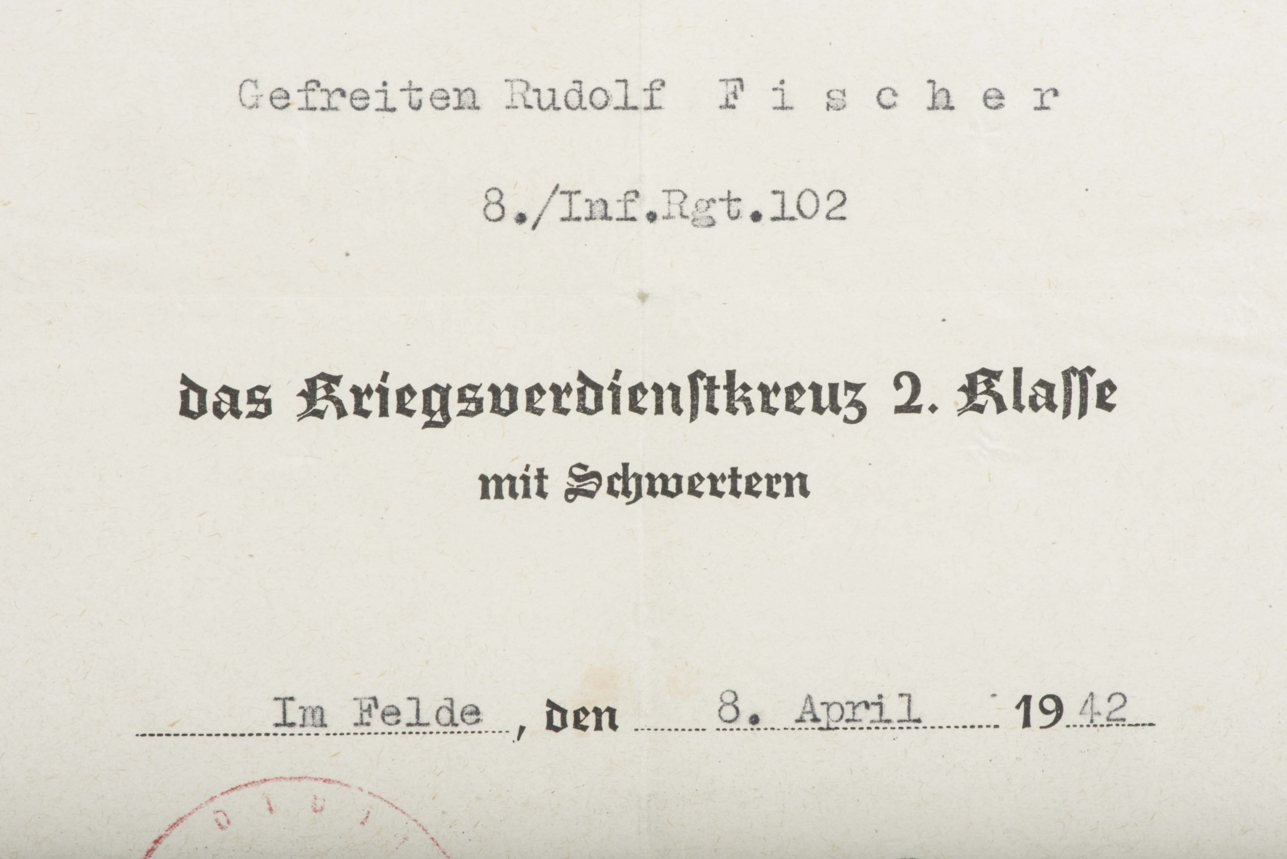 War merit cross with swords second class or KVK2 award document to Gefreiten Rudolf Fischer, 8. / Inf.Rgt. 102 — image 3