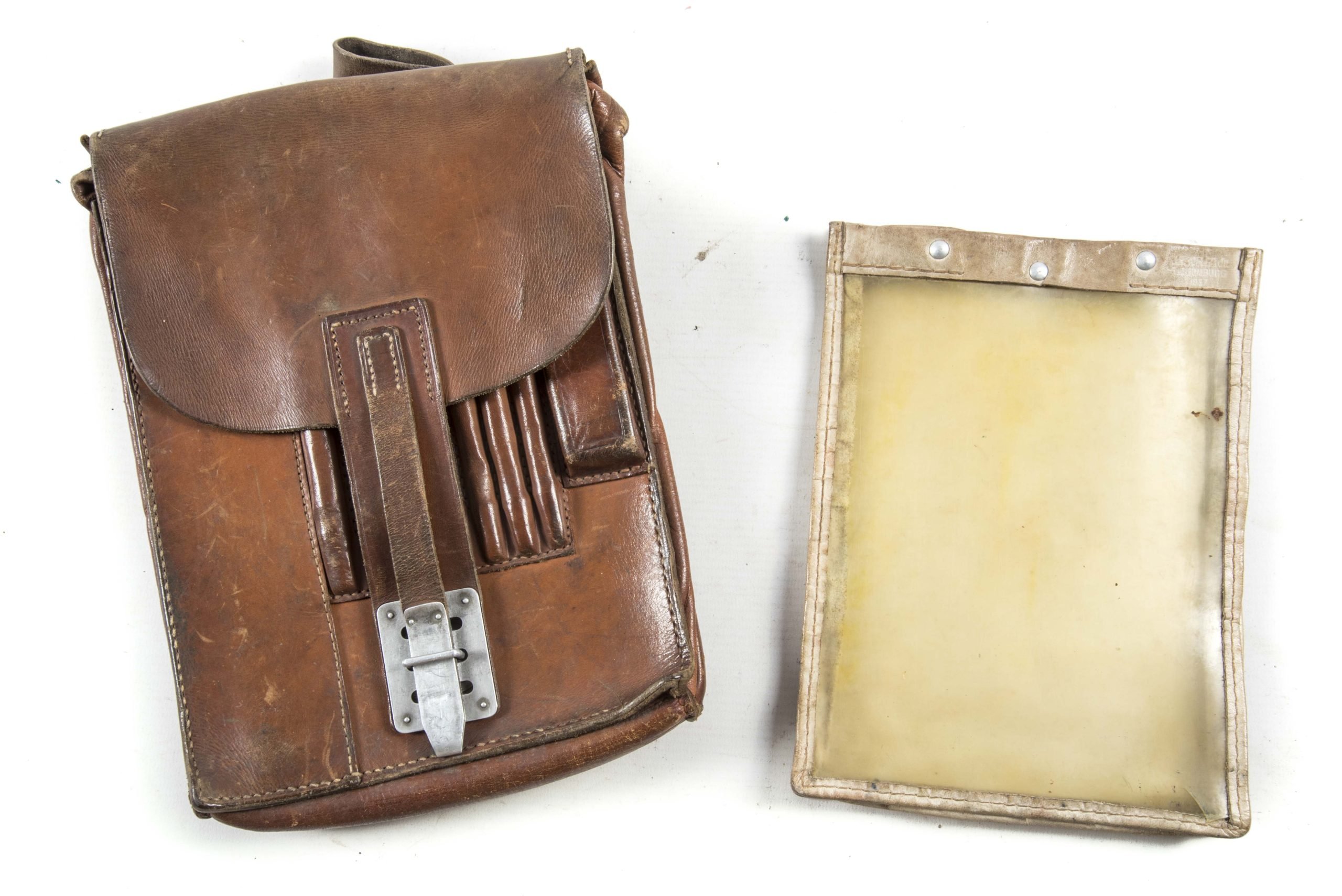 Filled brown leather mapcase marked A. Waldhausen, Köln 1936, Infanterie-Regiment 9