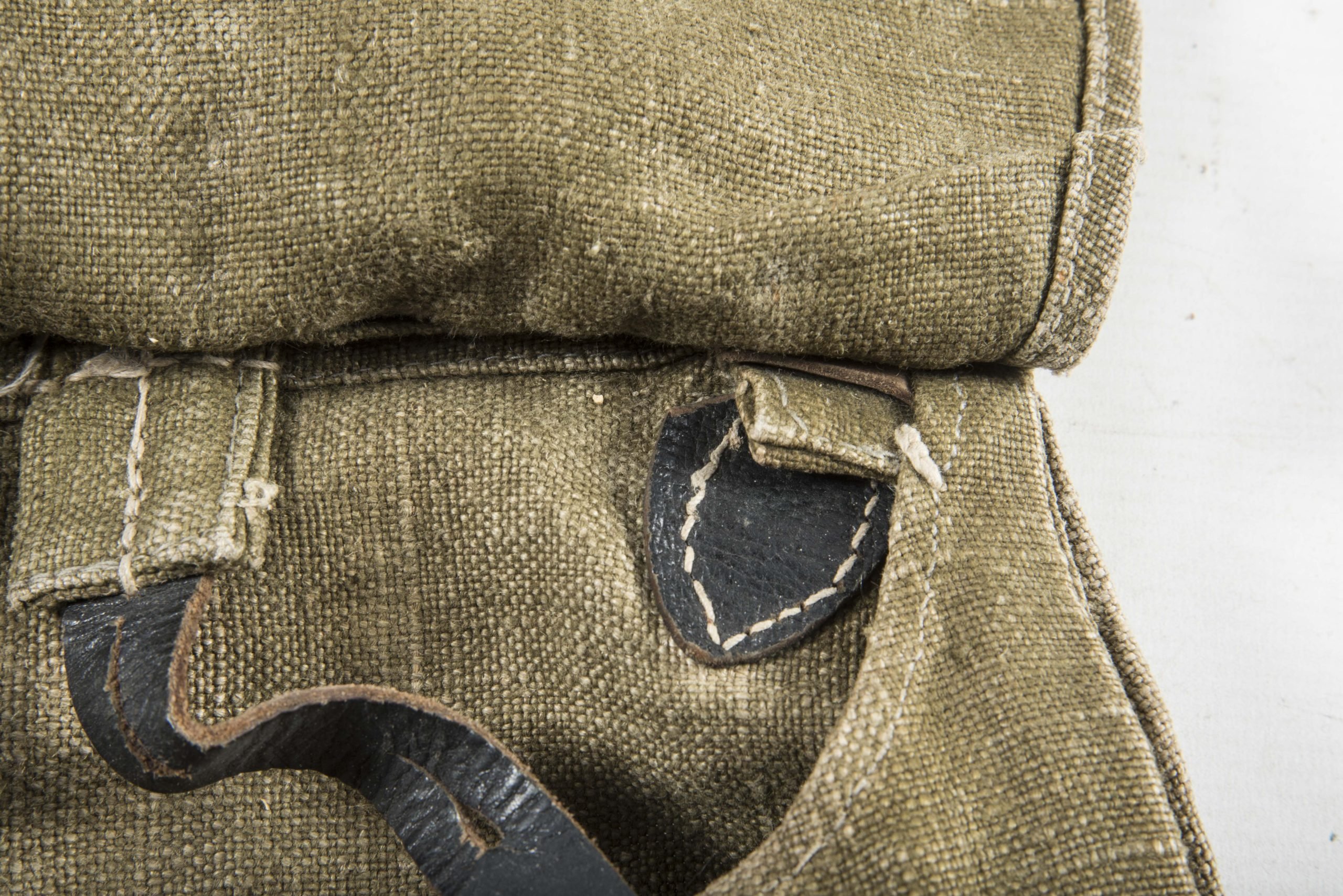 Late war M31 breadbag made in coarse captured canvas and Italian leather with matching strap — image 10