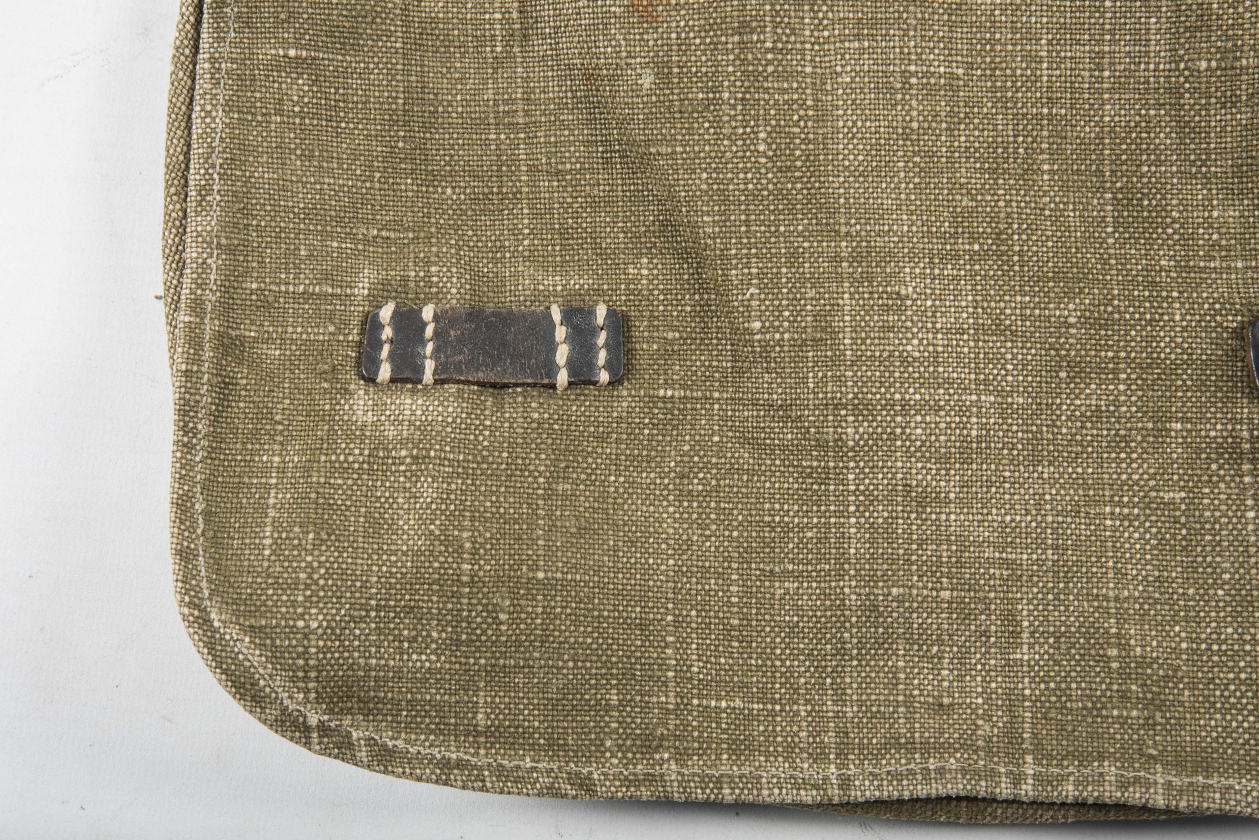 Late war M31 breadbag made in coarse captured canvas and Italian leather with matching strap — image 3