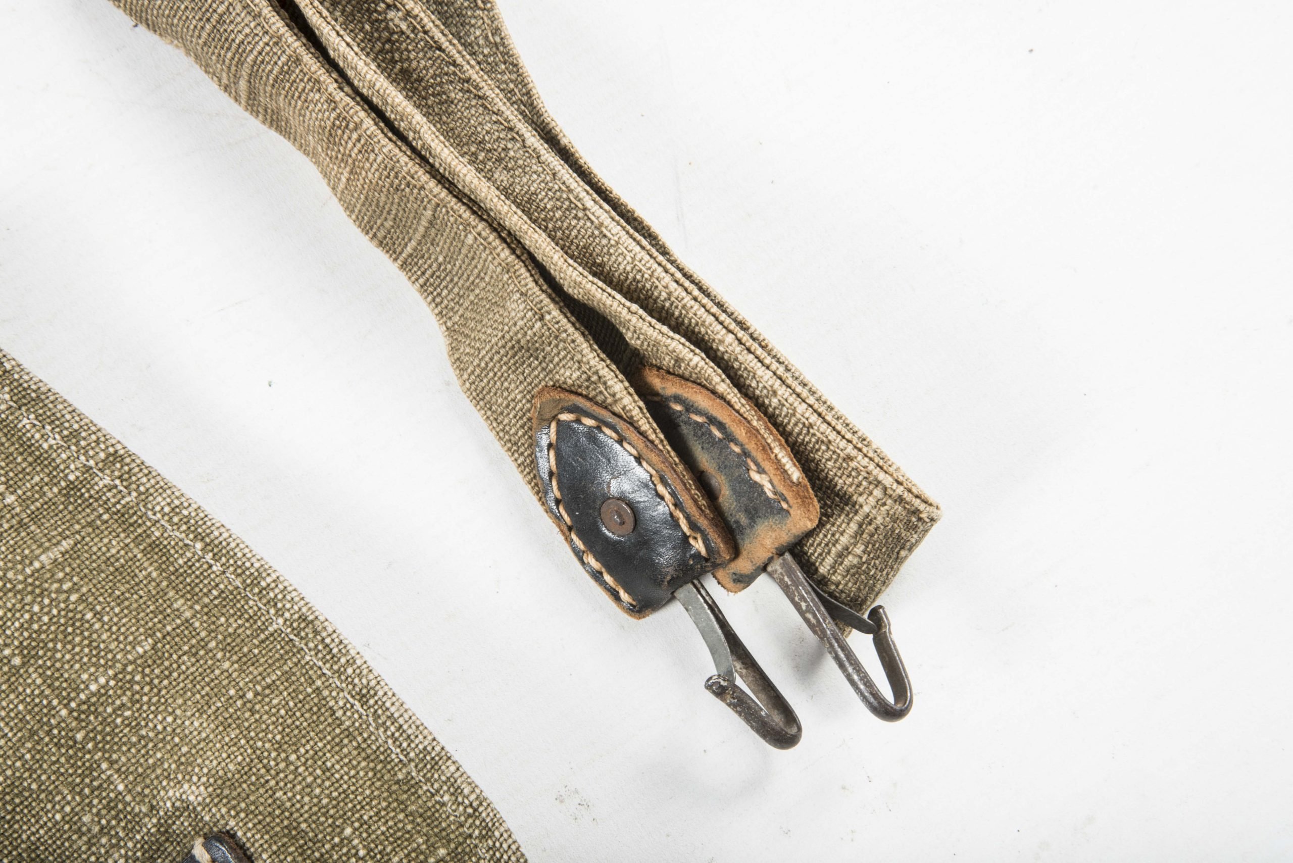 Late war M31 breadbag made in coarse captured canvas and Italian leather with matching strap — image 4