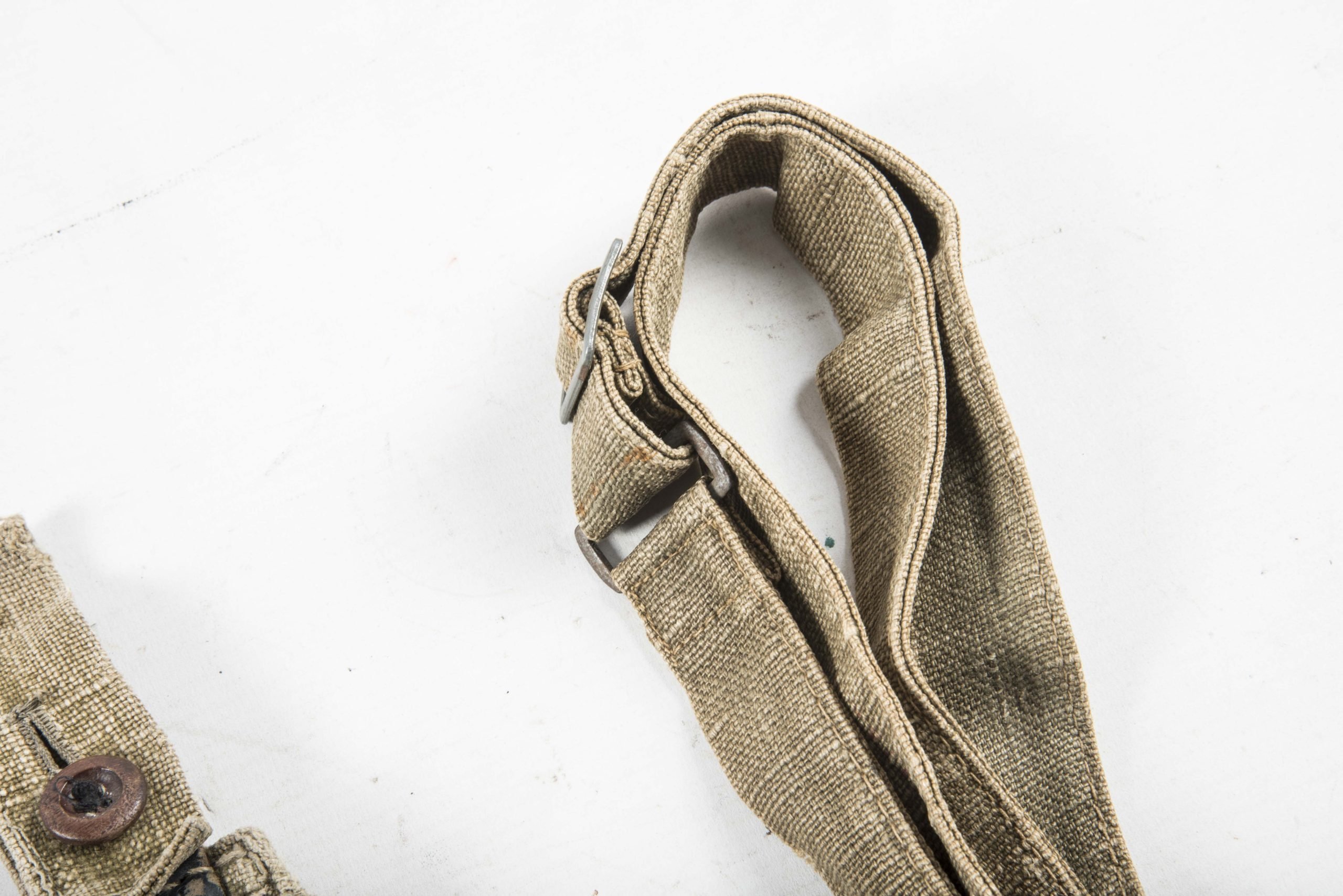 Late war M31 breadbag made in coarse captured canvas and Italian leather with matching strap — image 5