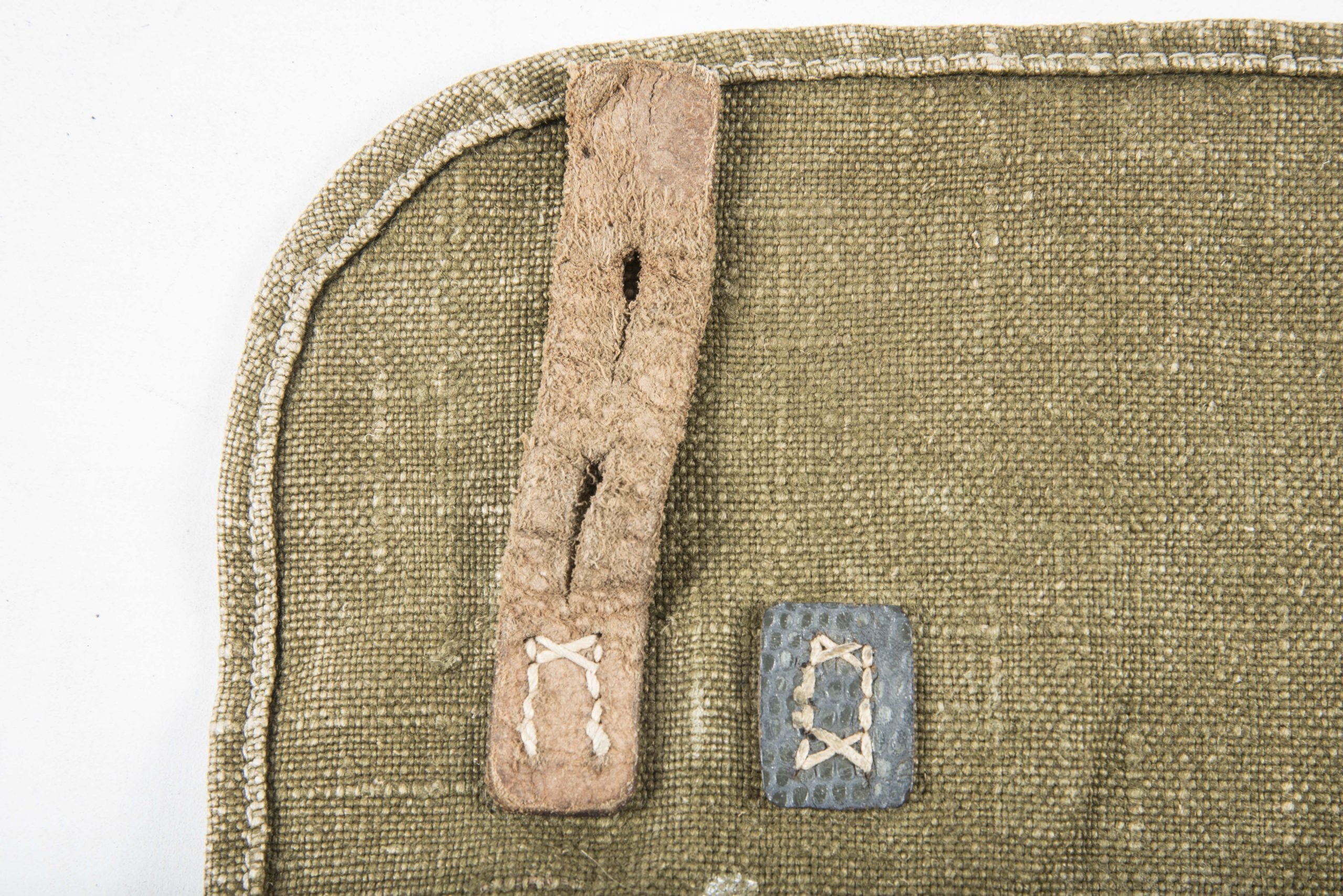 Late war M31 breadbag made in coarse captured canvas and Italian leather with matching strap — image 7
