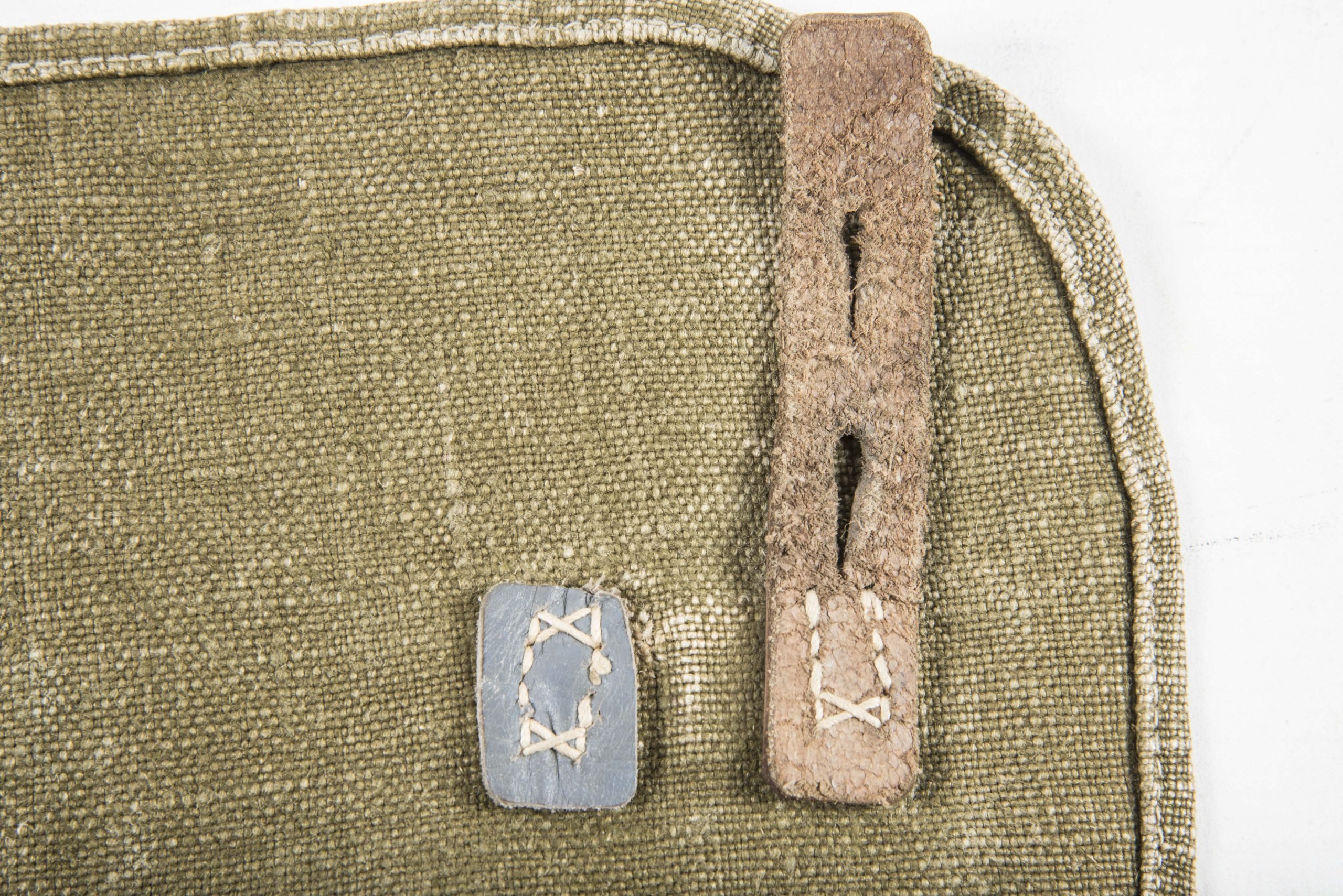 Late war M31 breadbag made in coarse captured canvas and Italian leather with matching strap — image 8
