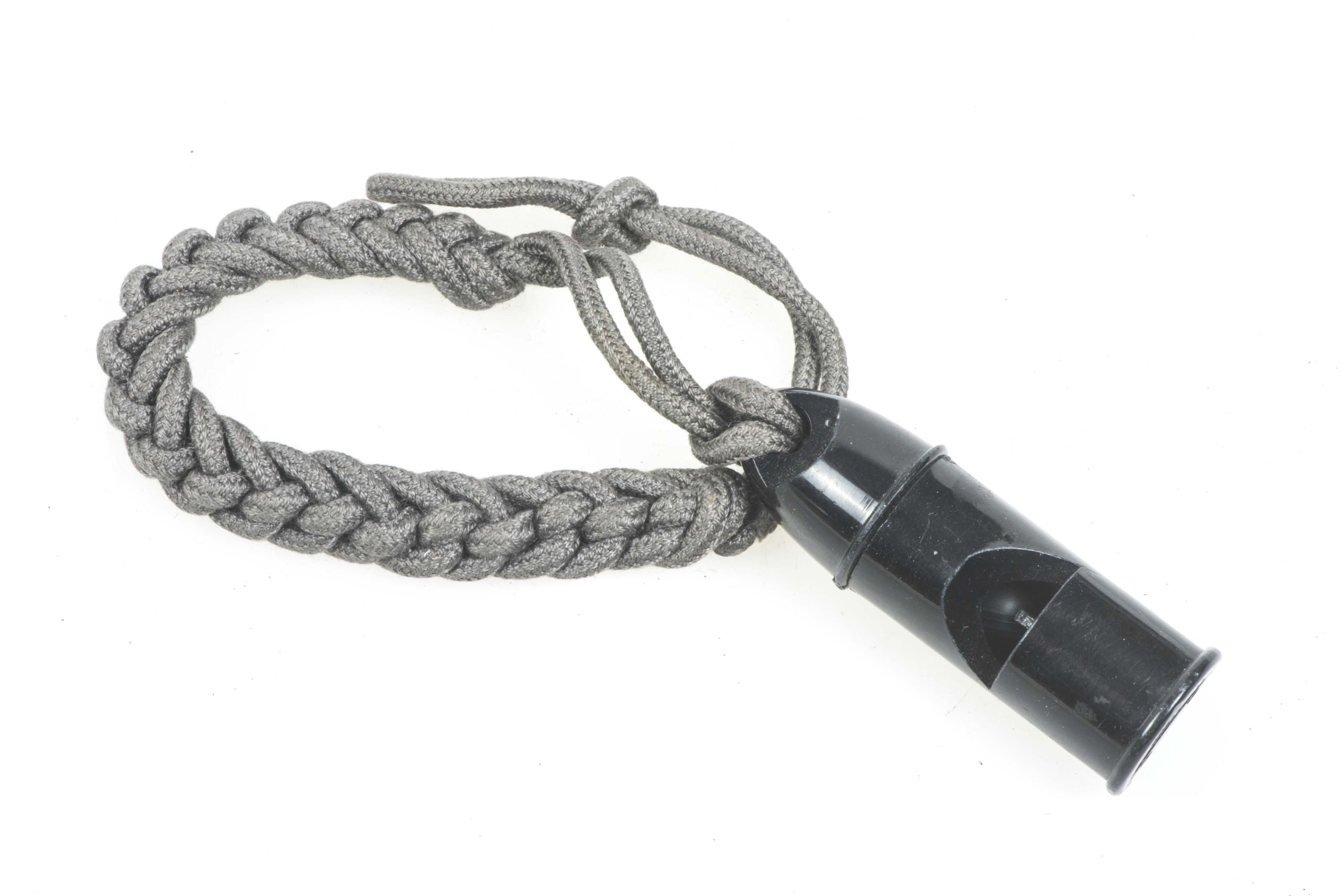 Issue whistle with grey rayon lanyard