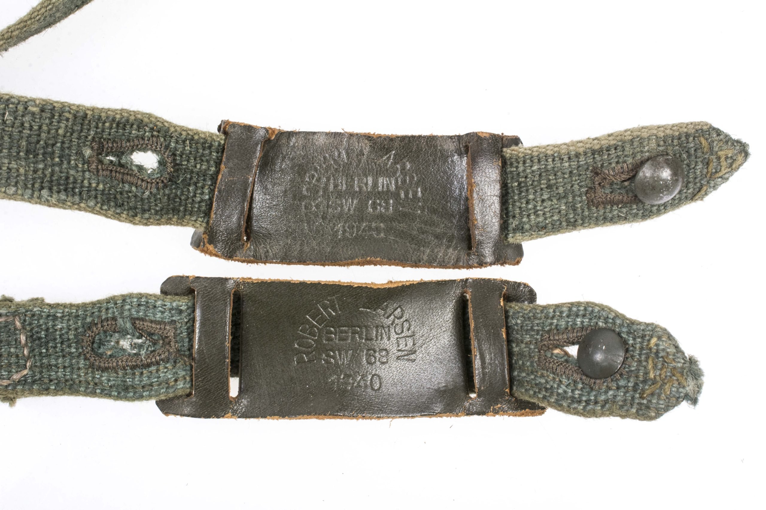 Perfect stone mint set of early gasmask straps marked Robert Larsen, Berlin SW68 1940 — image 9