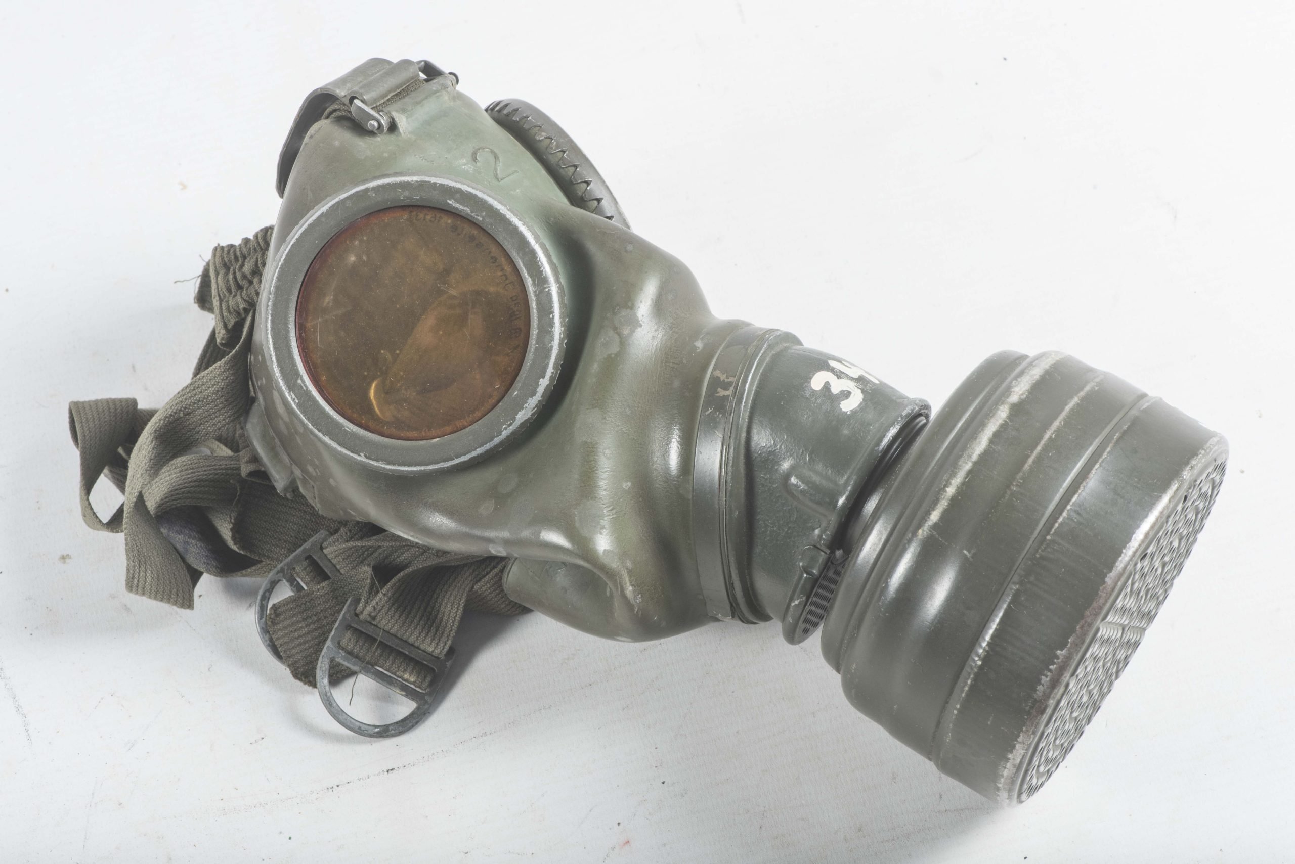 Tall M38 gasmask canister set dated 1943 with green rubber mask — image 13