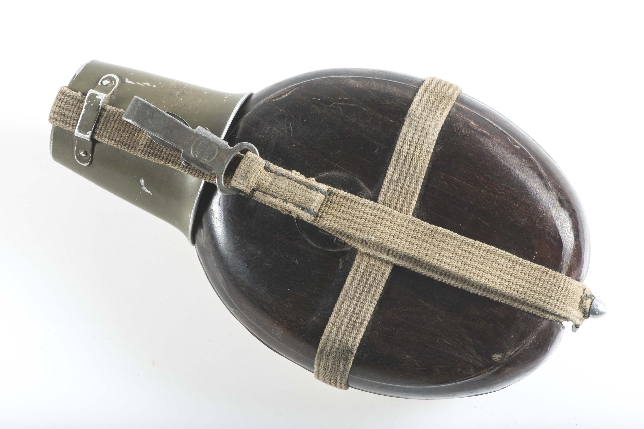 Coconut canteen marked HRE 42 with rare green painted cup — image 2