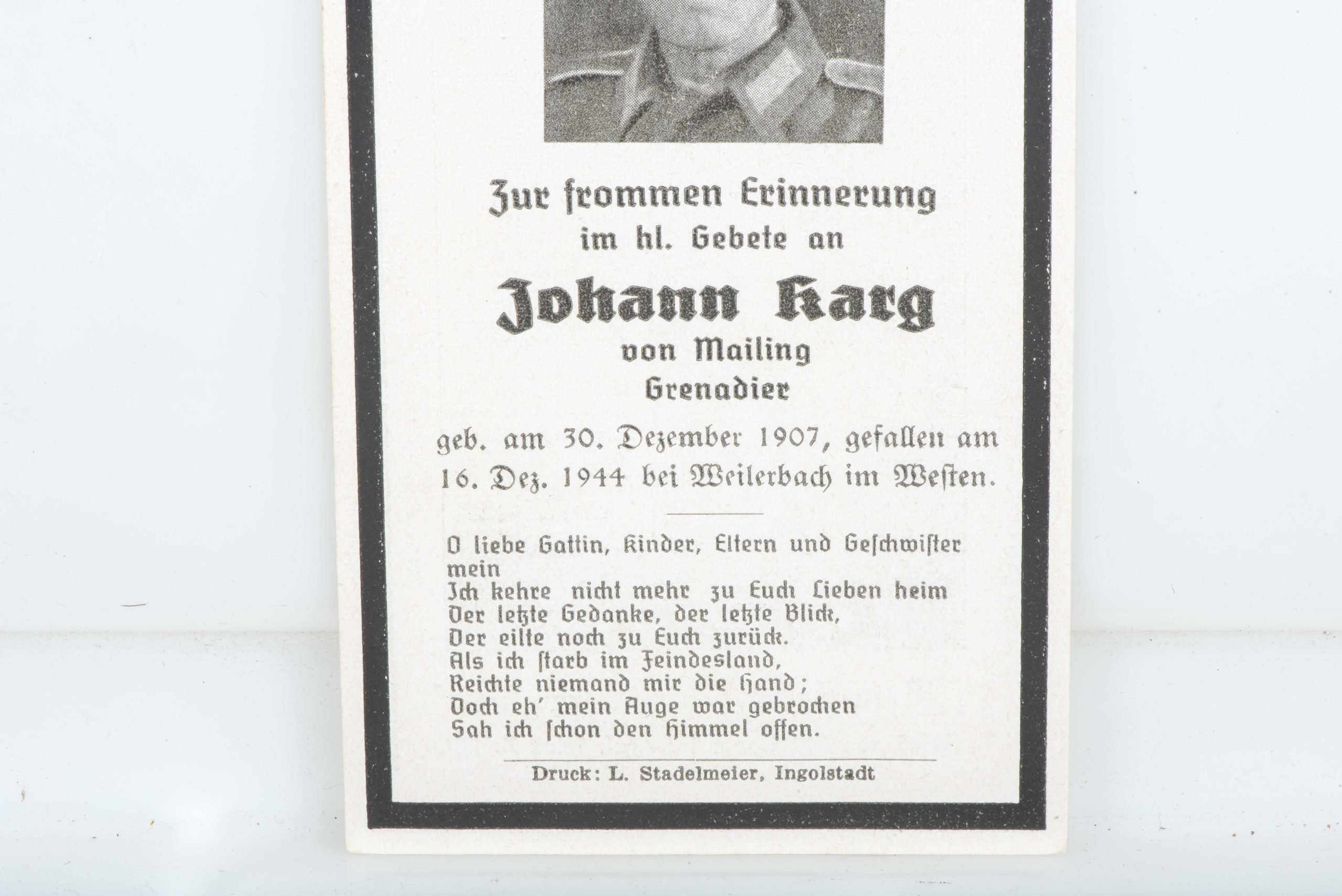 Deathcard Johann Karg, KIA 16.12.44 Weilerbach — image 2