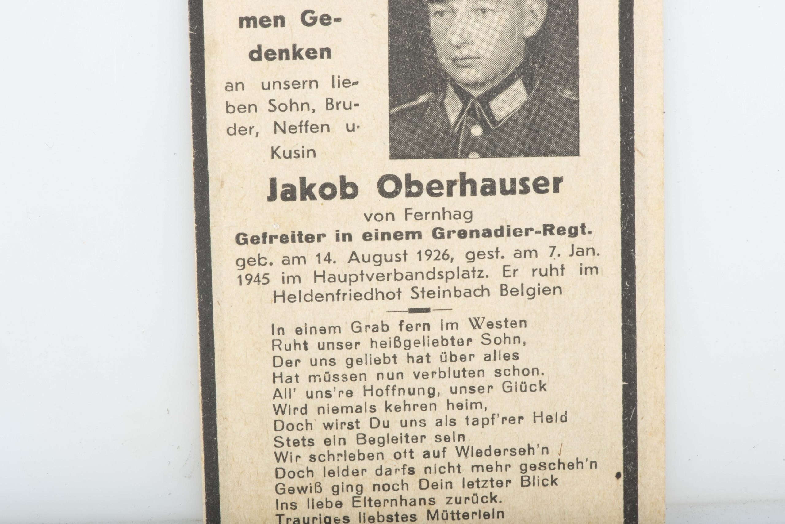 Deathcard Jakob Oberhauser KIA 07.01.45 Steinbach — image 2