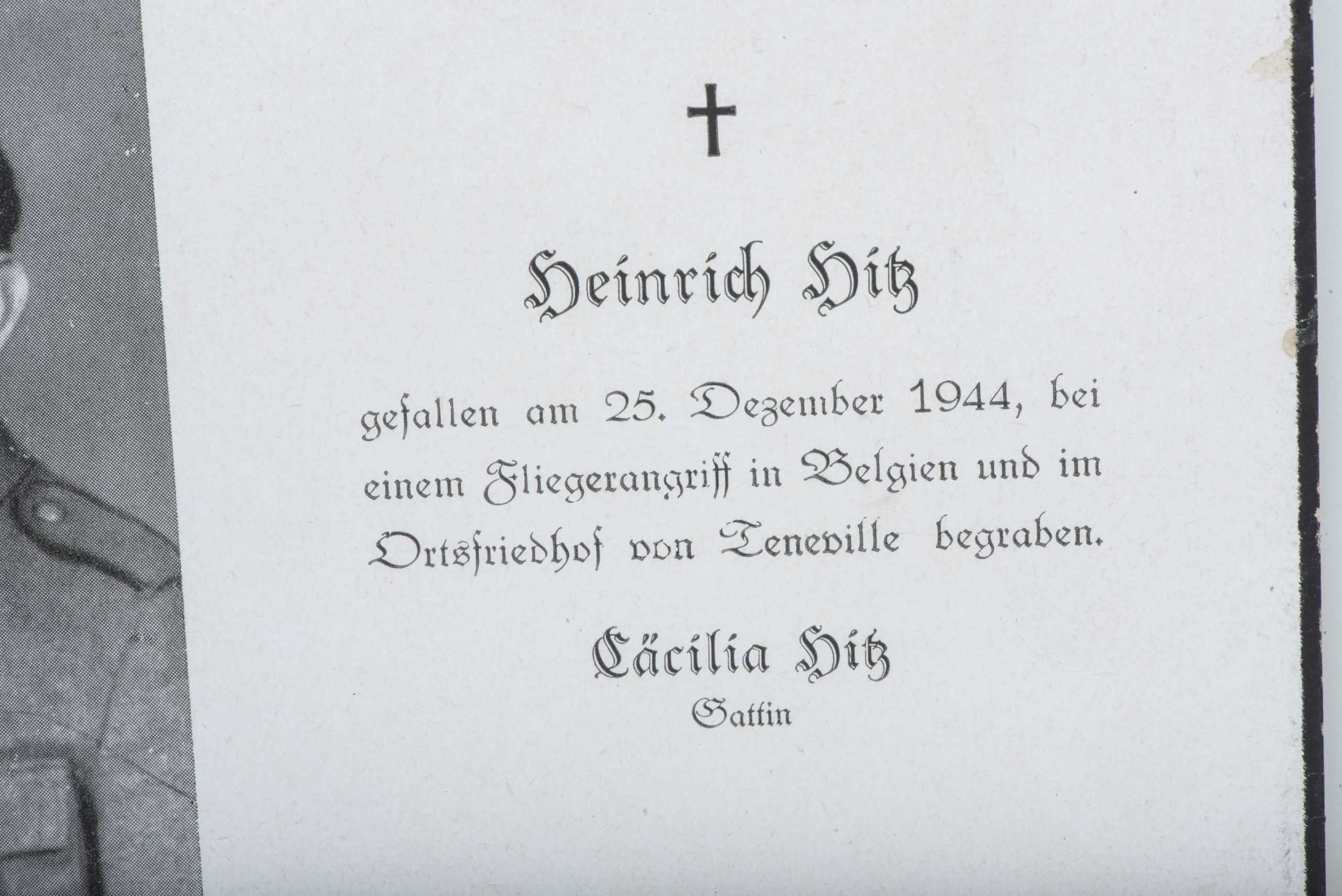 Deathcard Stabsgefreiter Heinrich Hitz KIA 25.12.44 Belgium Leneville — image 2