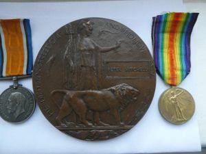 BRONZE MEMORIAL PLAQUE-BRITISH WAR AND VICTORY MEDALS TO PETER MITCHELL-SOUTH …