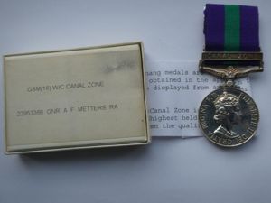 GENERAL SERVICE MEDAL CLASP CANAL ZONE-TO METTERS-ROYAL ARTILLERY