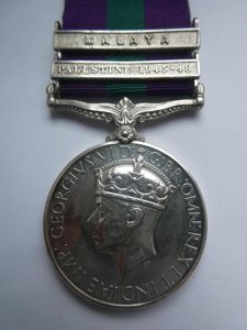 GENERAL SERVICE MEDAL (QEII) CLASPS PALESTINE 1945-48 AND MALAYA-TO RUSSELL …