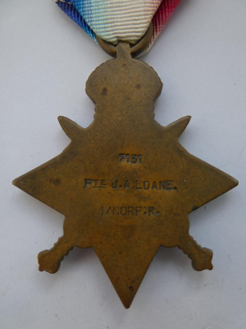 1914 STAR AND GENUINE AUG-NOV CLASP-TO LOANE-NORFOLK REGIMENT-DIED OF WOUNDS ON 2ND MARCH 1915 — image 2