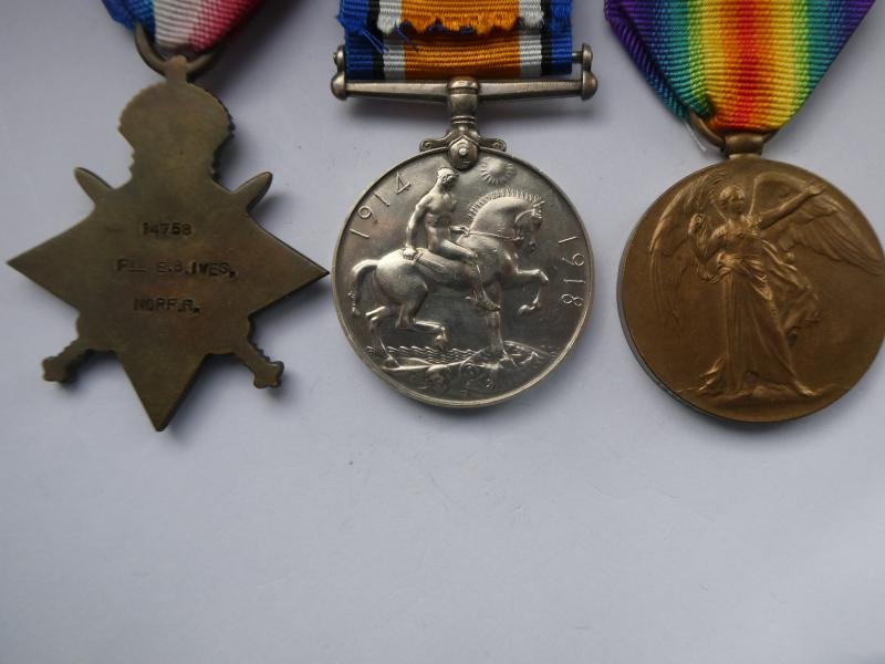 1914/15 STAR TRIO-TO EDWIN BERT IVES-7TH BTN NORFOLK REGIMENT-KILLED IN ACTION ON 12TH OCTOBER 1916-BAYONET TRENCH SOMME — image 2