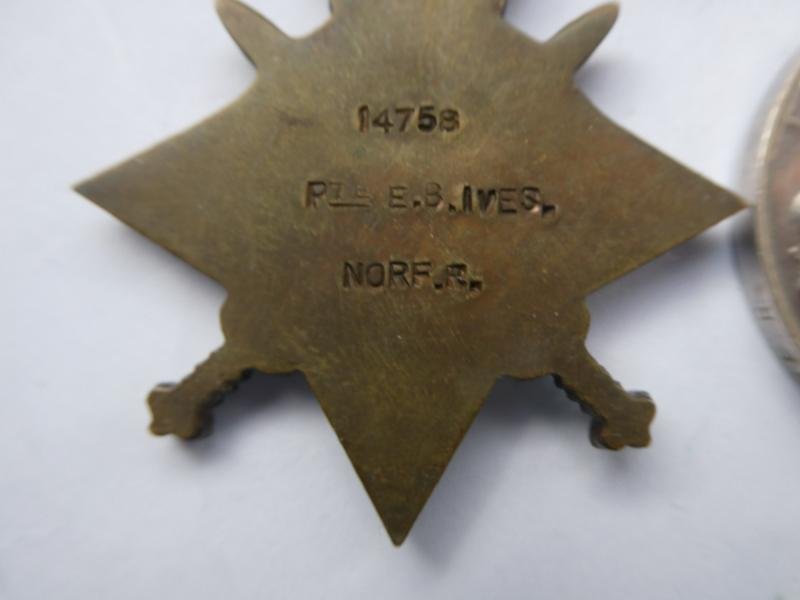 1914/15 STAR TRIO-TO EDWIN BERT IVES-7TH BTN NORFOLK REGIMENT-KILLED IN ACTION ON 12TH OCTOBER 1916-BAYONET TRENCH SOMME — image 3