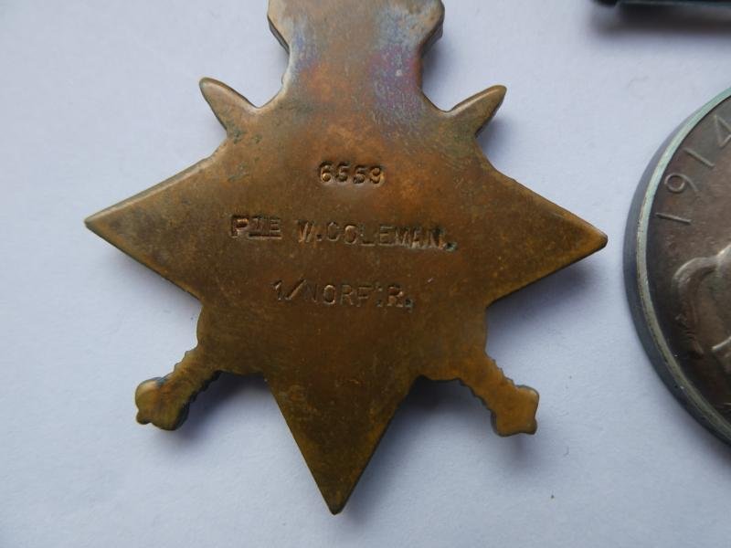 1914 STAR AND ORIGINAL AUG-NOV BAR TRIO-TO COLEMAN-1ST BATTALION NORFOLK REGT-DIED OF WOUNDS ON 1ST JULY 1915 — image 3