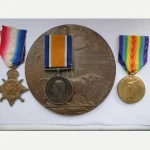 1914/15 STAR TRIO AND BRONZE MEMORIAL PLAQUE- TO PERCY WISEMAN-4TH …