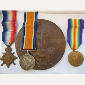 1914/15 STAR TRIO-AND BRONZE MEMORIAL PLAQUE-TO ROBINSON RICHARDSON-7TH BATTALION NORFOLK …