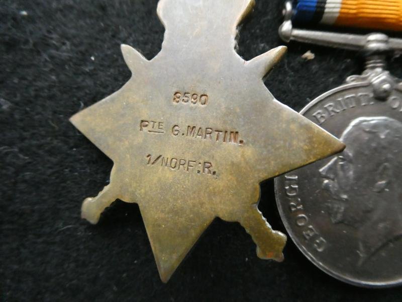 1914 STAR AND BAR TRIO-TO MARTIN-NORFOLK REGT-WITH SILVER WOUND BADGE- OLD CONTEMTIBLES AND COMRADES OF THE GREAT WAR BADGES — image 2