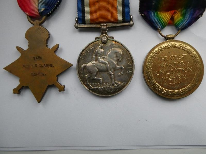 1914/15 STAR TRIO-TO WILLIAM OSBORNE CLARKE-NORFOLK REGT-KILLED IN ACTION IN MESOPOTAMIA 17TH NOVEMBER 1914-FROM DOWNHAM MARKET — image 2