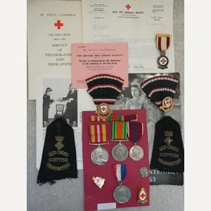VOLUNTARY MEDICAL SERVICES AND RED CROSS GROUP OF THREE-WITH BADGES,DOCUMENTS, …