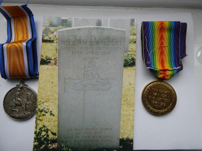 BRITISH WAR AND VICTORY MEDALS-TO BATTERY QUARTER MASTER SERGEANT WALTERS -ROYAL FIELD ARTILLERY -DIED OF WOUNDS ON 10TH APRIL 1918 — image 2