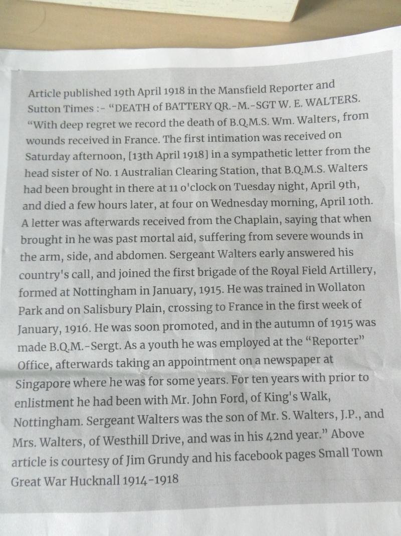 BRITISH WAR AND VICTORY MEDALS-TO BATTERY QUARTER MASTER SERGEANT WALTERS -ROYAL FIELD ARTILLERY -DIED OF WOUNDS ON 10TH APRIL 1918 — image 3