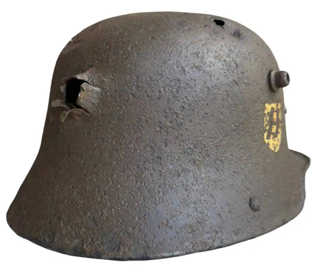 Original Battle Damaged WWII German Waffen SS M-35 DOUBLE Decal Combat Helmet Relic Recovered On The Eastern Front Certified — image 4