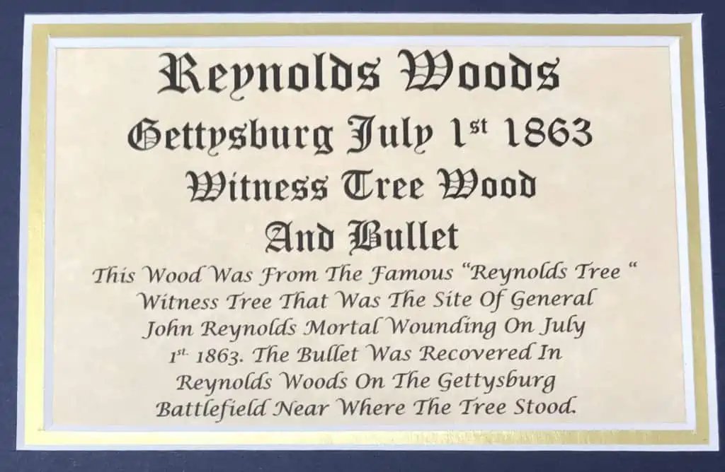 Reynolds Woods Gettysburg July 1st 1863 Witness Tree Wood And Bullet In Collectors Glass Case With COA — image 4