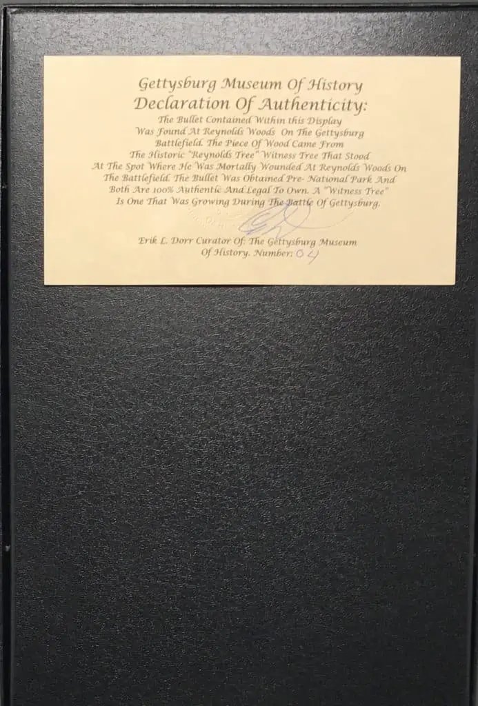 Reynolds Woods Gettysburg July 1st 1863 Witness Tree Wood And Bullet In Collectors Glass Case With COA — image 5