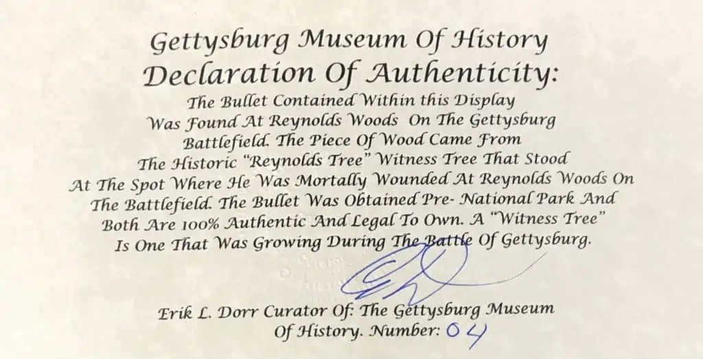 Reynolds Woods Gettysburg July 1st 1863 Witness Tree Wood And Bullet In Collectors Glass Case With COA — image 6