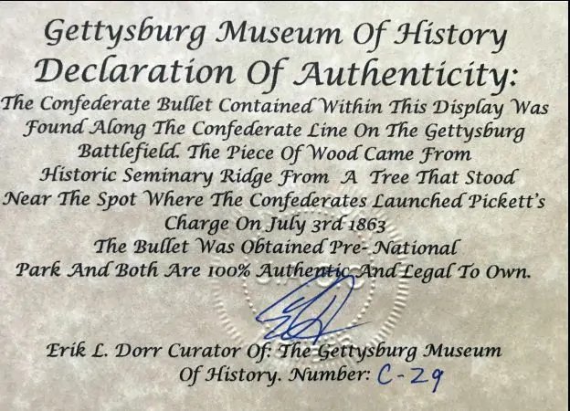 Pickett's Charge Confederate Line Battlefield Wood and Confederate Bullet Display In Collector's Glass Case Certified — image 6