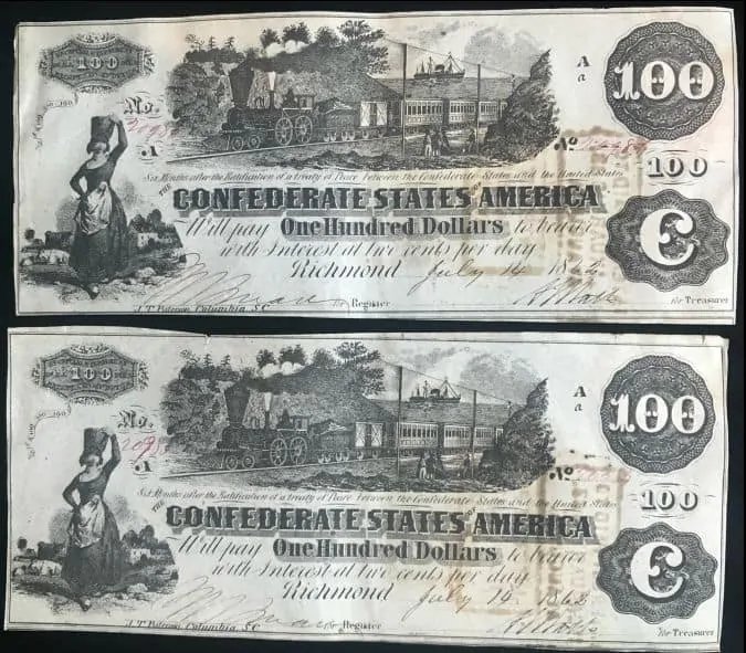 Authentic Civil War Confederate Money, $100.00 'Train' Note Standard Grade Certified By The Gettysburg Museum Of History