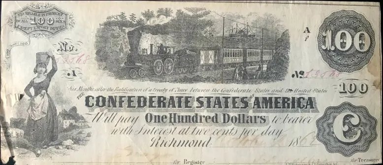 Authentic Civil War Confederate Money, $100.00 'Train' Note Standard Grade Certified By The Gettysburg Museum Of History — image 2