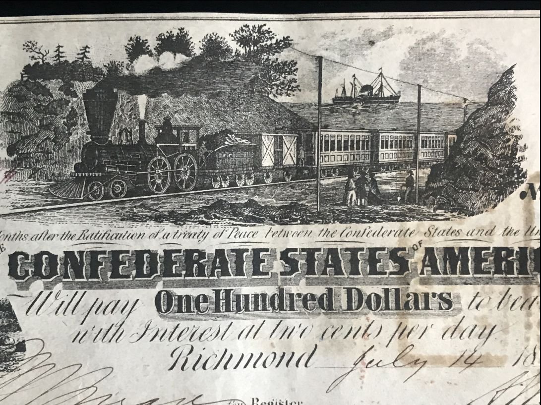 Authentic Civil War Confederate Money, $100.00 'Train' Note Standard Grade Certified By The Gettysburg Museum Of History — image 5