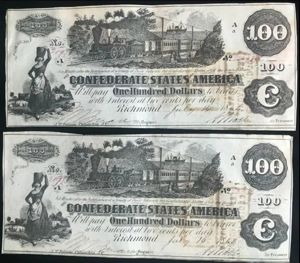 Authentic Civil War Confederate Money, $100.00 'Train' Note Standard Grade …
